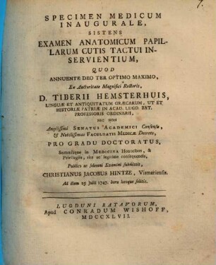 Specimen med. inaug. sistens examen anatomicum papillarum cutis tactui inservientium