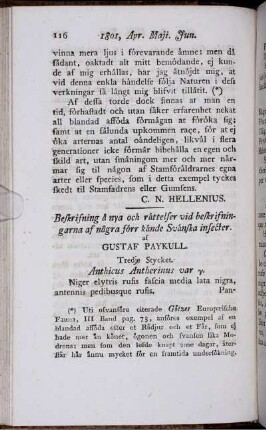 Beskrifning å nya och rättelser vid beskrifningarna af några förr kände Svänska insecter.
