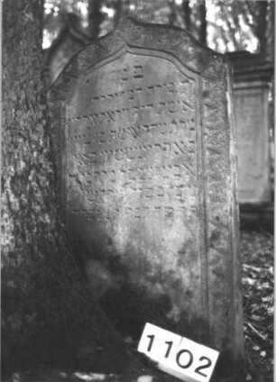 Grabstein 1102 (Index: 99899766) Material: Sandstein Zustand: teilweise verwittert Maße HxBxT: 106x66x9 cm Beschreibung: Stele mit Kielbogenabschluss, Rahmen mit Zackenfries Symbolik: Zackenfries: Grabstein 1102