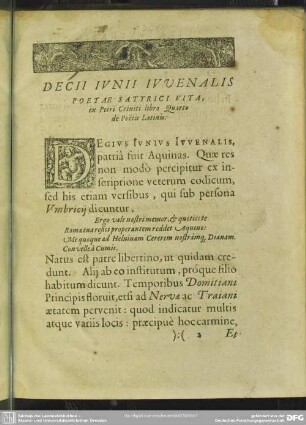 Decii Junii Juvenalis Poetae Satyrici Vita, ex Petri Criniti libro Quarto de Poetis Latinis
