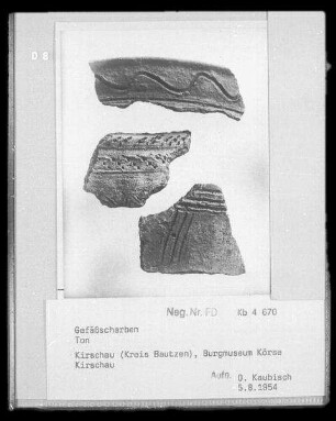 Gefäßscherben : Drei Gefäßscherben (Grabungsfunde aus dem Umfeld der Burg Körse). Ton. Schirgiswalde-Kirschau: Burgmuseum Kirschau