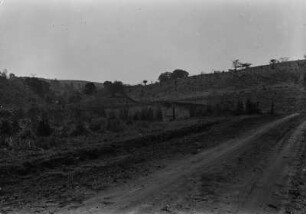 Stufiges Land : Stufiges Land bei Ribeirão Bonito mit Grasflächen und einzelnen Bäumen auf den Hängen. Im Vordergrund eine unbefestigte Straße, die durch das Stufenland verläuft.