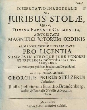 Dissertatio inauguralis de iuribus stolae