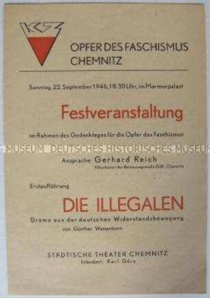 Programm einer Festveranstaltung am Gedenktag für die Opfer des Faschismus mit der Erstaufführung des Dramas "Die Illegalen"