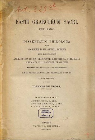 Fasti Graecorum sacri : pars prior ; dissertatio philologica