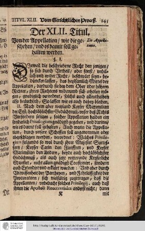 Der XLII. Titul. Von der Appellation wie die geschehen und es damit soll gehalten werden