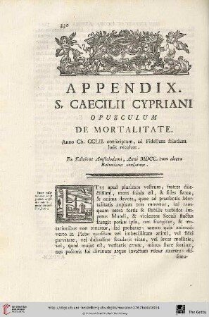 Appendix: S.Caecilii Cypriani opusculum de Mortalitate