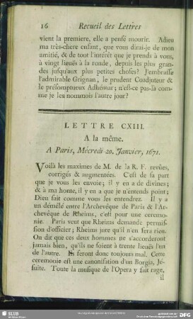 Lettre CXIII. A la même. A Paris, Mécredi 20. Janvier, 1671