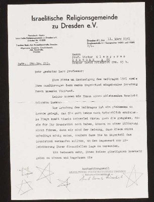Schreiben der Israelitischen Religionsgemeinde zu Dresden e.V. an Prof. Victor Klemperer vom 11.03.1941 mit abschlägigem Bescheid betr. Beitragsermäßigung