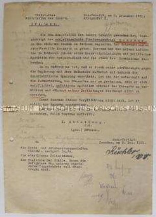 Schreiben des Sächsischen Innenministeriums mit Auflagen (Sprechverbot) für einen Auftritt eines Künstlers aus der Sowjetunion bei Veranstaltungen der I.A.H.