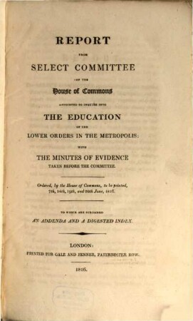 Report on the Education of the Lower Orders in the Metropolis