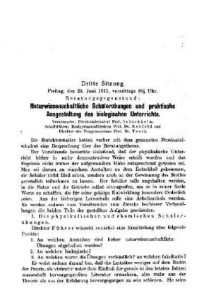 Naturwissenschaftliche Schülerübungen und praktische Ausgestaltung des biologischen Unterrichts : [Dritte Sitzung] ; [Protokolle der Verhandlungen]