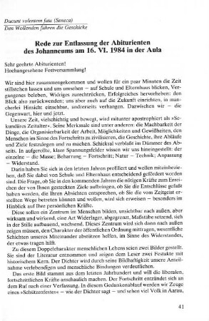 Rede zur Entlassung der Abiturienten des Johanneums am 16. VI. 1984 in der Aula