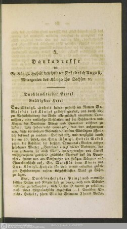 5. Dankadresse an Se. Königl. Hoheit den Prinzen Friedrich August, Mitregenten des Königreichs Sachsen [e.t.]c.