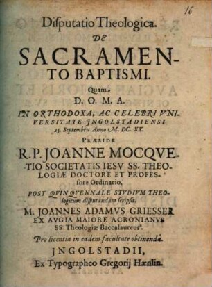 Disp. theol. de sacramento baptismi
