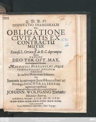 Disputatio Inauguralis De Obligatione Civitatis Ex Contractu Mutui Ex Famosa L. Civitas ff. de R.C. deprompta