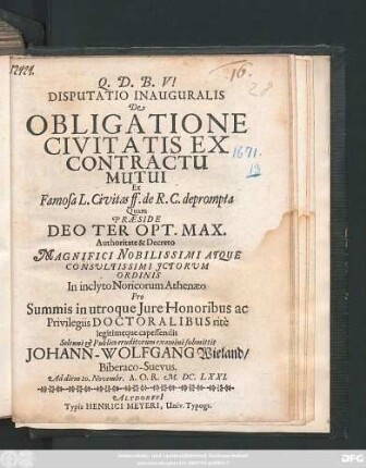 Disputatio Inauguralis De Obligatione Civitatis Ex Contractu Mutui Ex Famosa L. Civitas ff. de R.C. deprompta