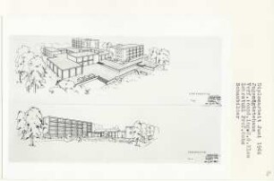 Jugendgästehaus, Berlin-Wedding (Diplomarbeit bei Karl Wilhelm Ochs): Perspektivische Ansicht (Vogelschau) und Perspektivische Ansicht