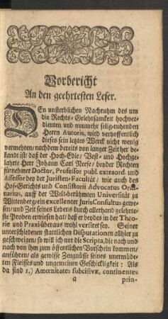 Vorbericht An den geehrten Leser