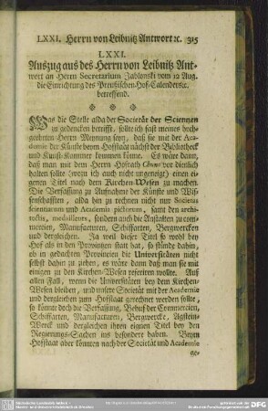 LXXI. Auszug aus des Herrn von Leibnitz Antwort an Herrn Secretarium Jablonski vom 12 Aug. die Einrichtung des Preußischen Hof-Calenders [et]c. betreffend