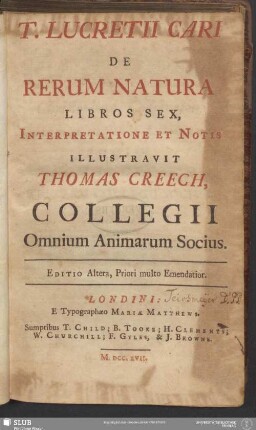 T. Lucretii Cari De Rerum Natura Libros Sex