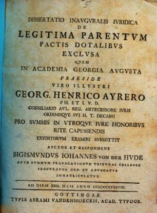 Diss. inaug. ... de legitima parentum pactis dotalibus exclusa