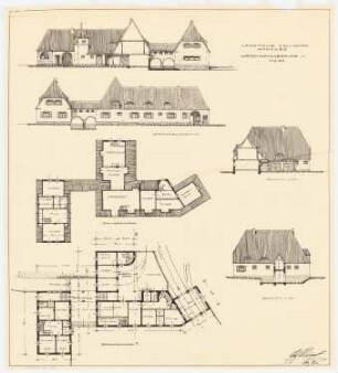 Haus Collignon (Ärztewohnhaus am Krankenhaus Heckeshorn), Berlin-Wannsee Wirtschaftsgebäude: Grundriss 1:200 Erdgeschoss und Dachgeschoss; Aufriss 1:200: Straßenansicht, Hofansicht (mit Schnitt durch einen Flügel), zwei Seitenansichten (Schnitte A-B und C-D)