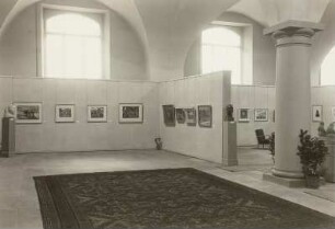 Raumaufnahme der Ausstellung "Bildende Kunst der Gegenwart aus Bulgarien. Malerei, Plastik, Grafik", im Albertinum, Dresden, November 1957