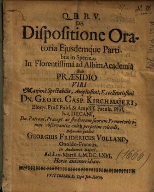 De Dispositione Oratoria Ejusdemq́ue Partibus in Specie