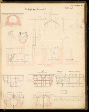 Fußgängertunnel Monatskonkurrenz Mai 1878: Zahlreiche Querschnitte (Konstruktionszeichnungen), Details, Konstruktionsdiagramme; 3 Maßstabsleisten