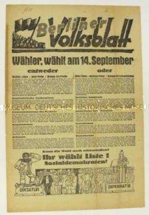 Wahlzeitung der SPD "Berliner Volksblatt" zur Reichstagswahl 1930
