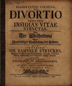 Disp. iur. de divortio propter insidias vitae structas