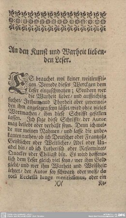 An den Kunst und Wahrheit liebenden Leser.