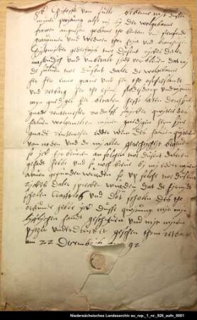 Christoph von Fulle quittiert dem Grafen Enno von Ostfriesland und Rietberg die Rückzahlung einer Anleihe der Gräfin Agnes von Hoya und Rietberg über 2000 Taler Ausstellungsort: Rietberg Aufgedrücktes Siegel erhalten