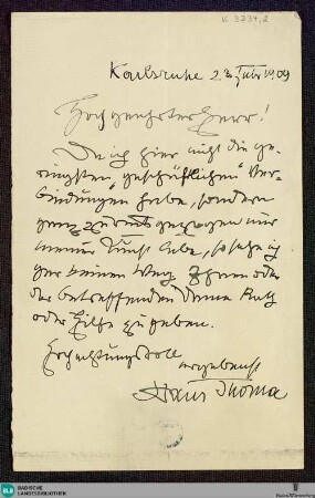 Brief von Hans Thoma an Unbekannt vom 23.02.1909 - K 3234, 2