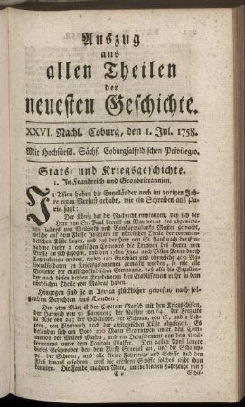 XXVI. Nachl. Coburg, den 1. Jul. 1758.