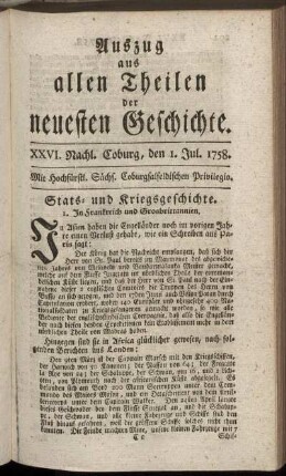 XXVI. Nachl. Coburg, den 1. Jul. 1758.
