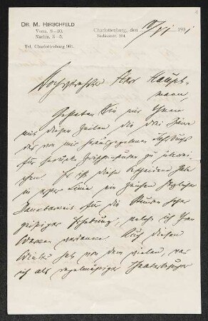Brief von Magnus Hirschfeld an Gerhart Hauptmann