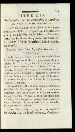 Titre XIX. Des sequestres, et des commissaires-gardiens des fruits et choses mobiliaires
