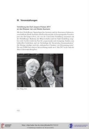 Verleihung des Karl-Jaspers-Preises 2017 an das Ehepaar Jan und Aleida Assmann