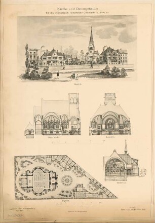 Kirche und Dienstgebäude für die evangelische Gemeinde, Breslau Monatskonkurrenz Juni 1894: Lageplan mit Grundriss Erdgeschoss, Längsschnitt, 2 Querschnitte; perspektivische Ansicht (Straßenansicht); 2 Maßstabsleisten
