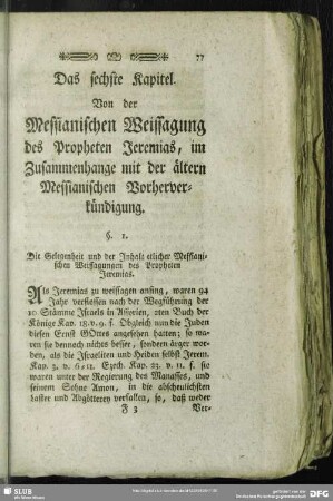Das sechste Kapitel. Von der Messianischen Weissagung des Propheten Jeremias, im Zusammenhange mit der ältern Messianischen Vorherverkündigung