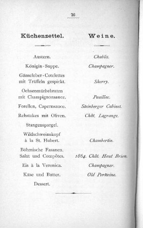 Küchenzettel. Weine.