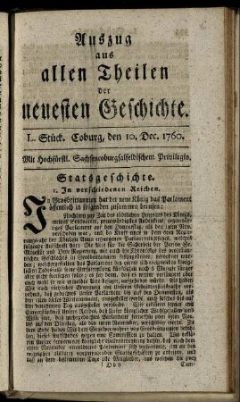 L. Stück. Coburg, den 10. Dec. 1760.