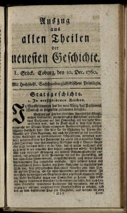 L. Stück. Coburg, den 10. Dec. 1760.
