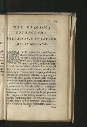 Des. Erasmj Roterodami. Declamatio in lavdem artis medicae.