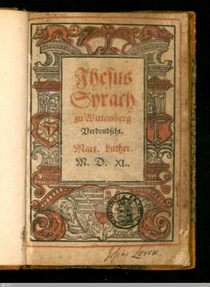 Jhesus Syrach zu Wittemberg Verdeudscht