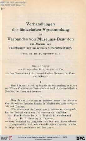 15: Verhandlungen der ... Versammlung des Verbandes von Museums-Beamten zur Abwehr von Fälschungen und Unlauterem Geschäftsgebaren