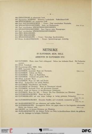 Netsuke in Elfenbein, Bein, Holz. Arbeiten in Elfenbein etc. (Nr. 818-850)