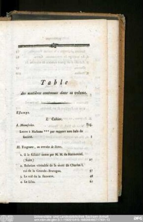 Table des matières contenues dans ce volume.